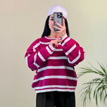 پلیور بافت راه راه زنانه یقه گرد (در دو رنگ سفید مشکی و زرشکی)