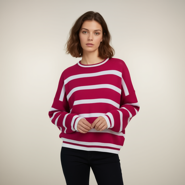 پلیور بافت راه راه زنانه یقه گرد (در دو رنگ سفید مشکی و زرشکی)