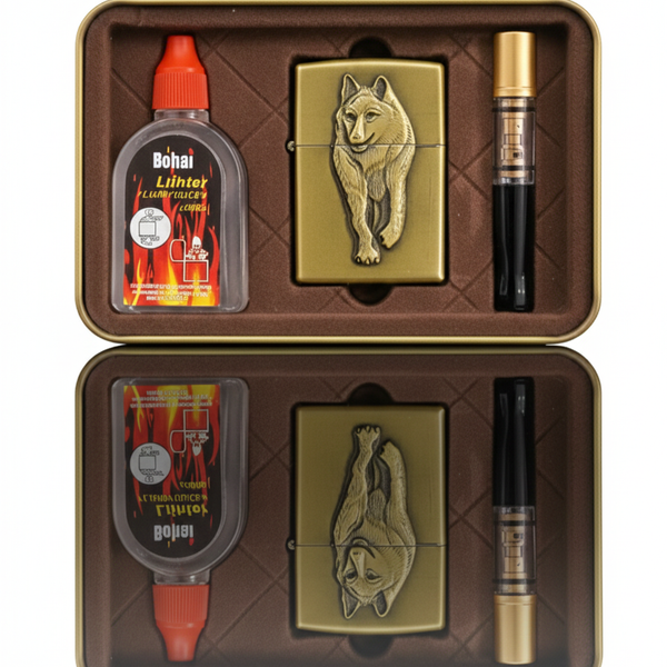 ست کادو لاکچری مردانه | فندک بنزینی + هیپ فلاکس + ادکلن