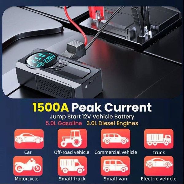 جامپ استارتر و پمپ باد چهارکاره JN‑088 (1000 آمپر) + چراغ LED + پاوربانک 18500mAh