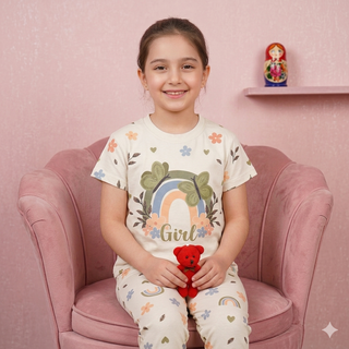 ست راحتی تیشرت شلوار دخترانه ؛ طرح رنگین کمان | نخ پنبه نرم و لطیف