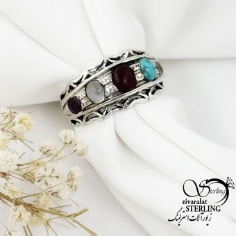 انگشتر نقره 925 عیار با سنگ های اصل کد 17899
