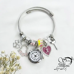 دستبند النگویی پاندورا با آویز ساعت و قلب کد 18790