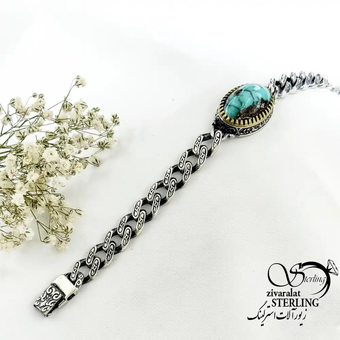 دستبند نقره کارتیر سنگ فیروزه نیشابور ساخت ایتالیا کد 19169