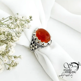 انگشتر مردانه نقره با سنگ عقیق رکاب طرح دار کد 19224