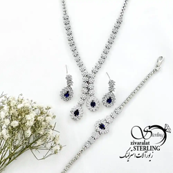 سرویس نقره طرح گل با سنگ یاقوت کبود عیار 925 کد 19432