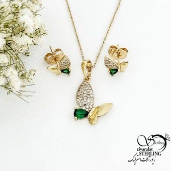 نیمست ژوپینگ پروانه با نگین اتمی و سبز طرح طلا کد 19703