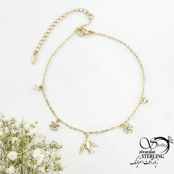 پابند ژوپینگ آویز پرنده و گل طرح طلا کد 19711