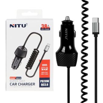 شارژر فندکی فست و PD تک پورت NITU مدل NDC25 38W بهمراه کابل متصل Type-C - مشکی