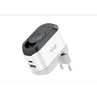 شارژر دیواری 20 وات بودی مدل Budi AC330WEW دو پین با یک خروجی USB، یک خروجی USB-C و یک خروجی شارژ بی سیم ساعت