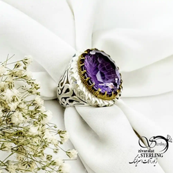 انگشتر نقره با سنگ آماتیس رکاب دستساز آینه کاری کد 20018