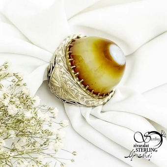 انگشتر مردانه دستساز رکاب شبکه با سنگ باباقوری نقره ایتالیا کد 20024