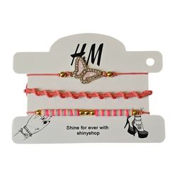 دستبند و پابند سه تایی دخترانه صورتی رنگ طرح پروانه