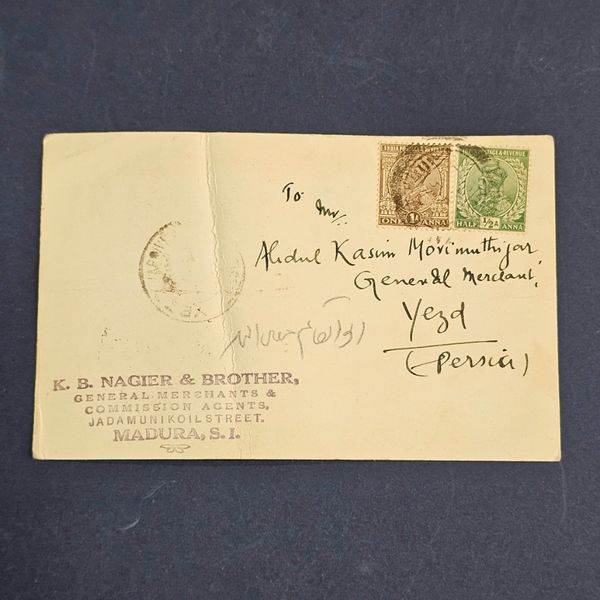 کارت پستی ارسالی ازهندبه ایران سال 1931