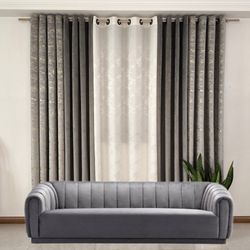 مجموعه 5 تکه پرده آماده پانچی مخمل طلاکوب طوسی، مخمل کالیفرنیا طوسی و کرپ محو ابری