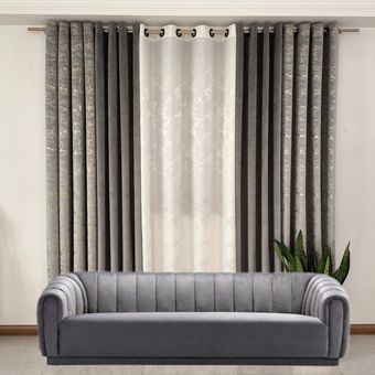 مجموعه 5 تکه پرده آماده پانچی مخمل طلاکوب طوسی، مخمل کالیفرنیا طوسی و کرپ محو ابری