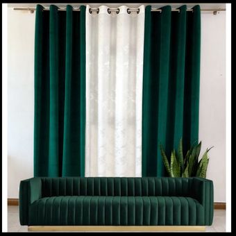 مجموعه 3 تیکه پرده آماده پانچی مخمل کالیفرنیا سبز درباری و کرپ محو ابری رایگان