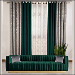 پک 5 تیکه پرده آماده مخمل طلاکوب درختی طوسی/مخمل کالیفرنیا سبز درباری/ کرپ محو ابری