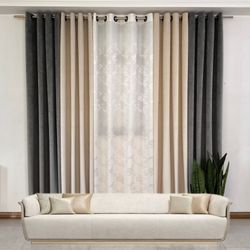 مجموعه 5 تکه پرده آماده پانچی مخمل کالیفرنیا طوسی،کرم و کرپ محو ابری