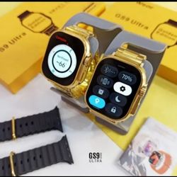 ساعت هوشمند سایز اولترا برند شرکتی GS9همراه با بند استیل طلایی و سیلیکونی