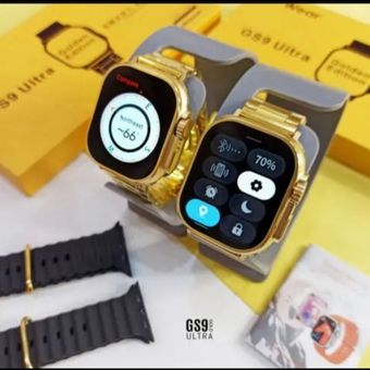 ساعت هوشمند سایز اولترا برند شرکتی GS9همراه با بند استیل طلایی و سیلیکونی