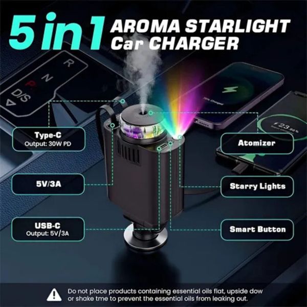 شارژر فندکی خودرو پنج کاره W&O مدل Starlight با رایحه افشانی و نورپردازی