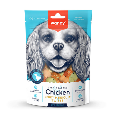 تشویقی سگ دورپیچ مرغ و بیسکوییت با طعم مرغ ونپی / Wanpy chicken jerky & biscuit twists