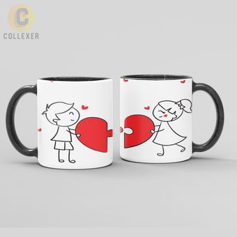 ماگ عاشقانه فان طرح آدمک خطی دو نفره Funny Style Mug - کد 12 (سفید ، مشکی ، حرارتی)