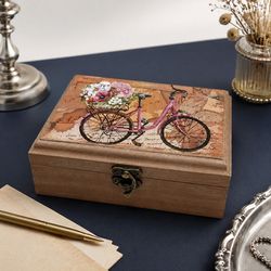 جعبه هدیه چوبی دکوپاژ طرح وینتج دوچرخه