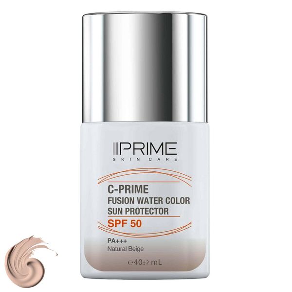 فلوئید ضد آفتاب رنگی پرایم، SPF 50، مدل فیوژن واتر، مناسب انواع پوست با تنالیته متوسط و حجم 40 میلی لیتر، محافظتکننده در برابر