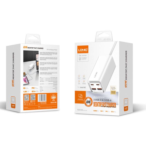 شارژر رومیزی الدینیو مدل A4610C | فست شارژ 65 وات، 6 پورت USB + Type-C