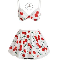 🌸 ست فانتزی باربی | تک رنگ سفید با طرح گیلاسی 🍒🤍 کد 2010