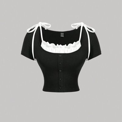 کراپ پینترستی دو رنگ یقه چین دار