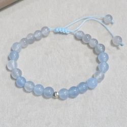 دستبند تمام سنگ عقیق آبی اصل و گوی نقره 925