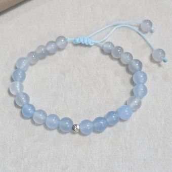 دستبند تمام سنگ عقیق آبی اصل و گوی نقره 925