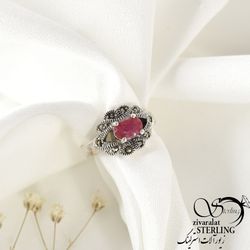 انگشتر نقره سیاه قلم با سنگ یاقوت سرخ ساخت ایتالیا کد 3448