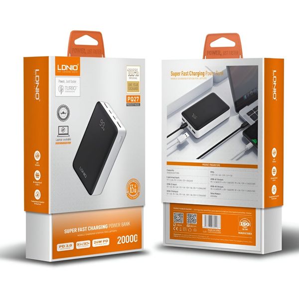 پاوربانک الدینیو مدل PQ27 – ظرفیت 20000 میلی‌آمپر با شارژ فوق سریع 65 وات