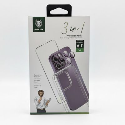 پک محافظتی 3 در 1 آیفون 14 قاب شفاف، گلس و محافظ لنز گرین لاین