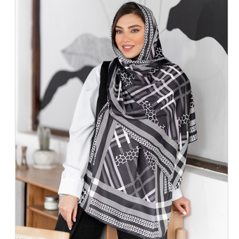شال ابریشم توییل مشکی سفید حاشیه گندمی