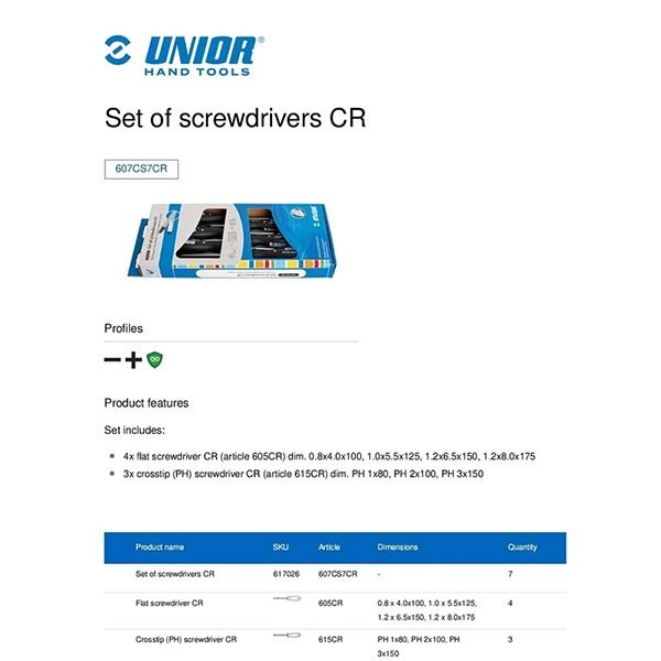 پیچ گوشتی یونیور مدل 607CS7CR مجموعه 7 عددی