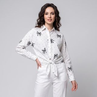 شومیز زنانه آستین بلند نیم‌تنه طرح پاپیون با یقه برگردان و بسته شدن دکمه‌ای از جنس الیاف مصنوعی، نخی و پلی‌آمید مناسب مهمانی و ا