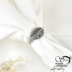 انگشتر سیاه قلم نقره عیار925 زنانه طرح برگ کد 4225