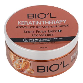 اسک ترمیم کننده مو بیول مدل Keratin Therapy مناسب برای انواع مو حجم 220 میلی‌لیتر، حاوی کره کاکائو با خاصیت ایجاد حالت ابریشمی م