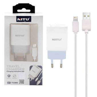 شارژر دیواری فست تک پورت Nitu مدل NT-TC066 به همراه کابل شارژ آیفون - سفید (گارانتی 18 ماه تعویض نیکان همراه)