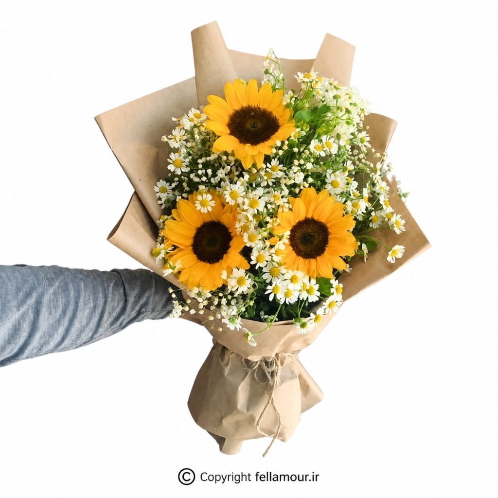 دسته گل آفتابگردان و بابونه با کاغذ کاهی مدل ژوآن