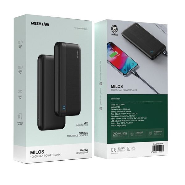 پاوربانک گرین لاین مدل Milos GNMIL10KPBBK ظرفیت 10000 میلی آمپر ساعت