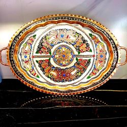 سینی مسی بیضی نقره کوب مینا کاری پایه دار