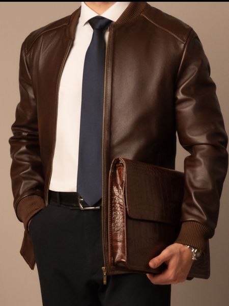 کاپشن چرم طبیعی قهوه ای کلاسیک j196