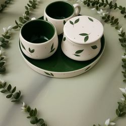ست چایی خوری دو نفره سرامیکی طرح برگ سبز