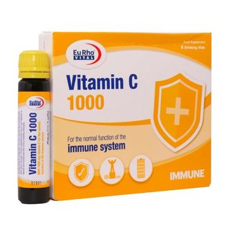 ویال خوراکی ویتامین C 1000 یوروویتال آنتی‌اکسیدان قوی، تقویت سیستم ایمنی، کلاژن‌سازی، حفظ سلامت پوست و استخوان، افزایش جذب آهن